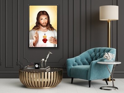 Jesus Sacred Heart Painting - Framed Christian Wallart - Jesus Sacred Heart Picture Printed on  Acrylic Glass - Framed and Ready To Hang