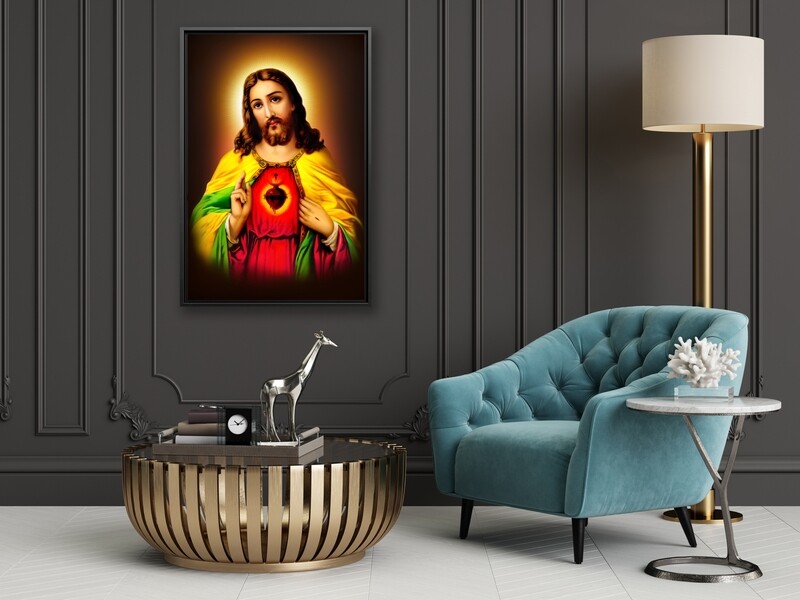 Jesus Christ Sacred Heart Painting |Framed Christian Wallart |Jesus Living Heart Picture Printed on  Acrylic Glass |Framed and Ready To Hang
