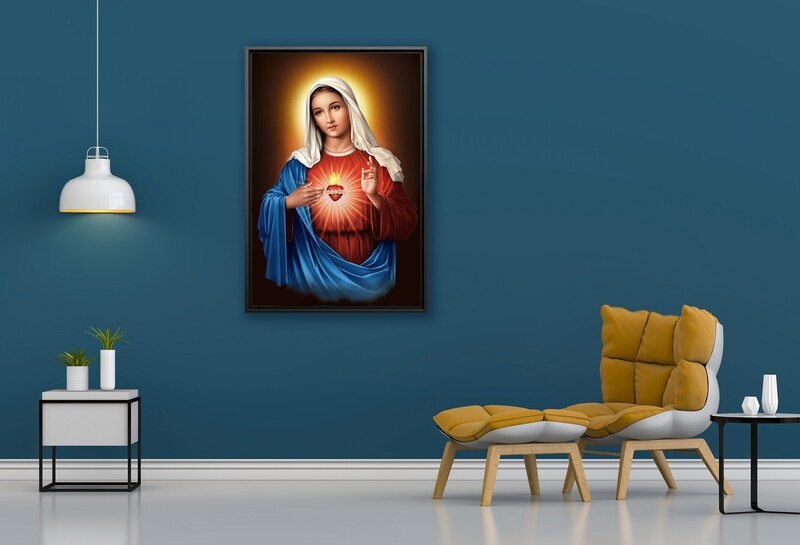Virgin Mary Sacred Heart Painting- Modern Framed Christian Wall art |Mother Mary Living Heart Picture Printed on  Acrylic Glass |Framed and Ready To Hang