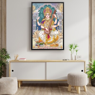 Saraswathy Devi Painting - Framed Hindu God Modern Wall art - Saraswathy Picture Printed on  Acrylic Glass - Framed and Ready To Hang