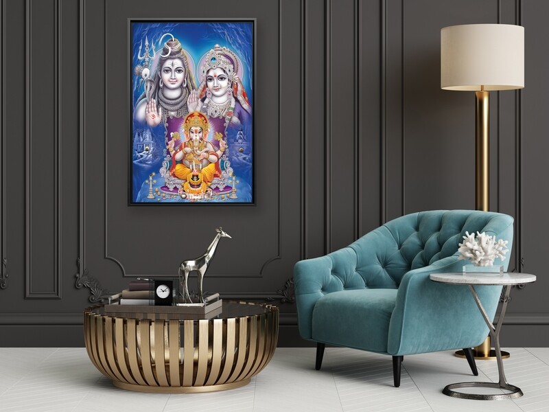 Shiva Parvathy Ganesha Family Painting -Framed Hindu God Wallart -Ganesha Picture Printed on  Acrylic Glass -Framed and Ready To Hang