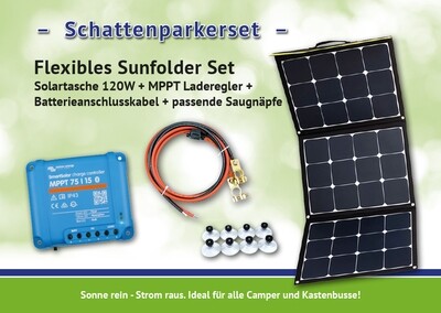 flexibles Sunfolder Set (Schattenparkerset)  * Solartasche 120W + MPPT Laderegler + Batterieanschlusskabel + passende Saugnäpfe * sofort lieferbar