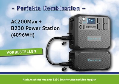 Bluetti AC200MAX 2200W/2048Wh 
LiFePo4 Solarpowerstation*Display Deutsch/Englisch + B230  Powerstation Kombination (4096Wh)
