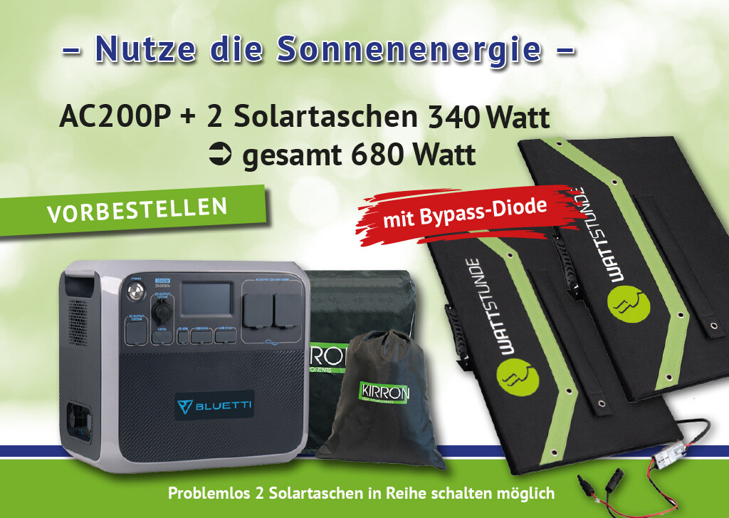 Juni Sale: Bluetti AC200P Solar Powerstation Set inkl. 2 Stück Solartaschen 340W  * perfekter Ertrag *
Display Deutsch/Englisch* Schutzhülle/Zubehör * sofort lieferbar