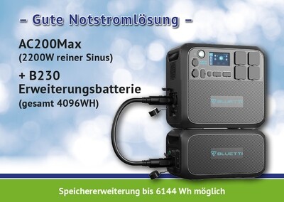 Juni Sale: Bluetti AC200MAX 2200W/2048Wh 
LiFePo4 Solarpowerstation*Display Deutsch/Englisch + B230  Powerstation Kombination (4096Wh)