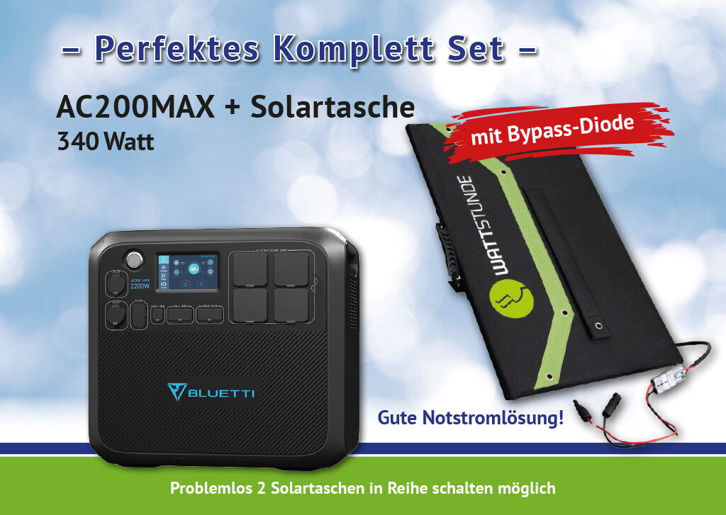 NEU Bluetti AC200MAX Solar Powerstation Set inkl. Solartasche 340W mit Bypassdiode * 
Display Deutsch/Englisch* Zubehör * Jetzt lieferbar