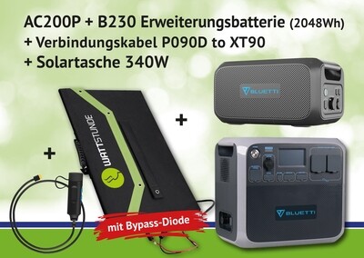 Set: Bluetti AC200P + Erweiterungsmodul B230 + Adapterkabel P090 to XT90 + Solartasche 340W * sofort lieferbar Set: Bluetti AC200P + Erweiterungsmodul B230 + Adapterkabel P090 to XT90 + Solartasche 340W * sofort lieferbar