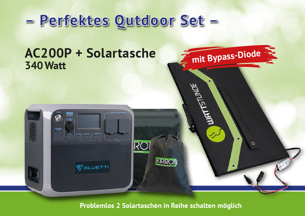 Sommer Sale: Bluetti AC200P Solar Powerstation Set inkl. Solartasche 340W*Display Deutsch/Englisch* Schutzhülle/Zubehör * sofort lieferbar