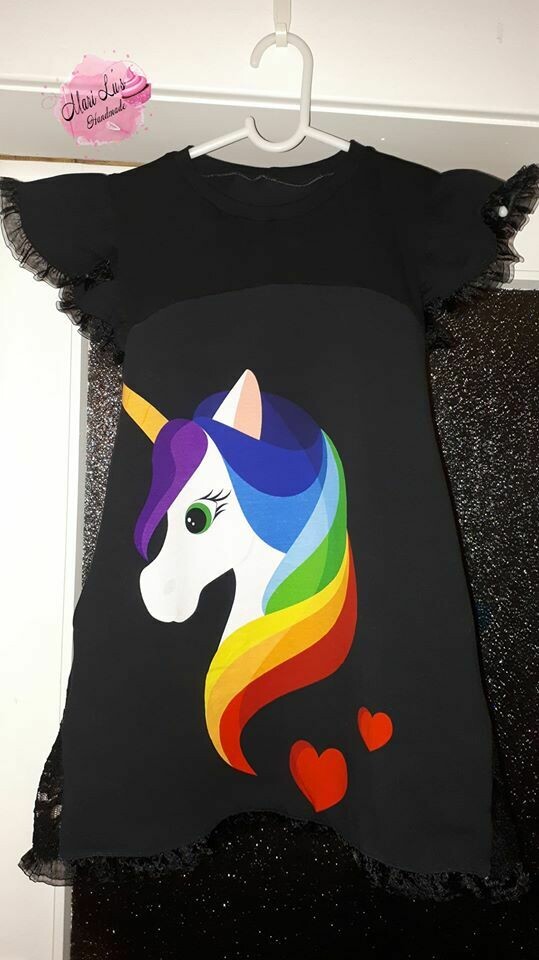 Handmade Jerseykleid 128 #Einhorn schwarz