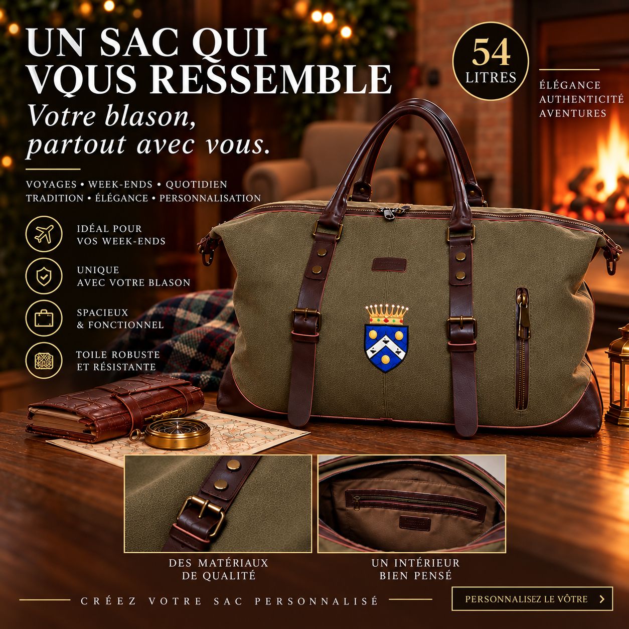 Élégant sac de voyage en toile robuste, (broderie dans l'épaisseur du sac)