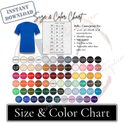 Bella + Canvas 3001 Size & Color Chart