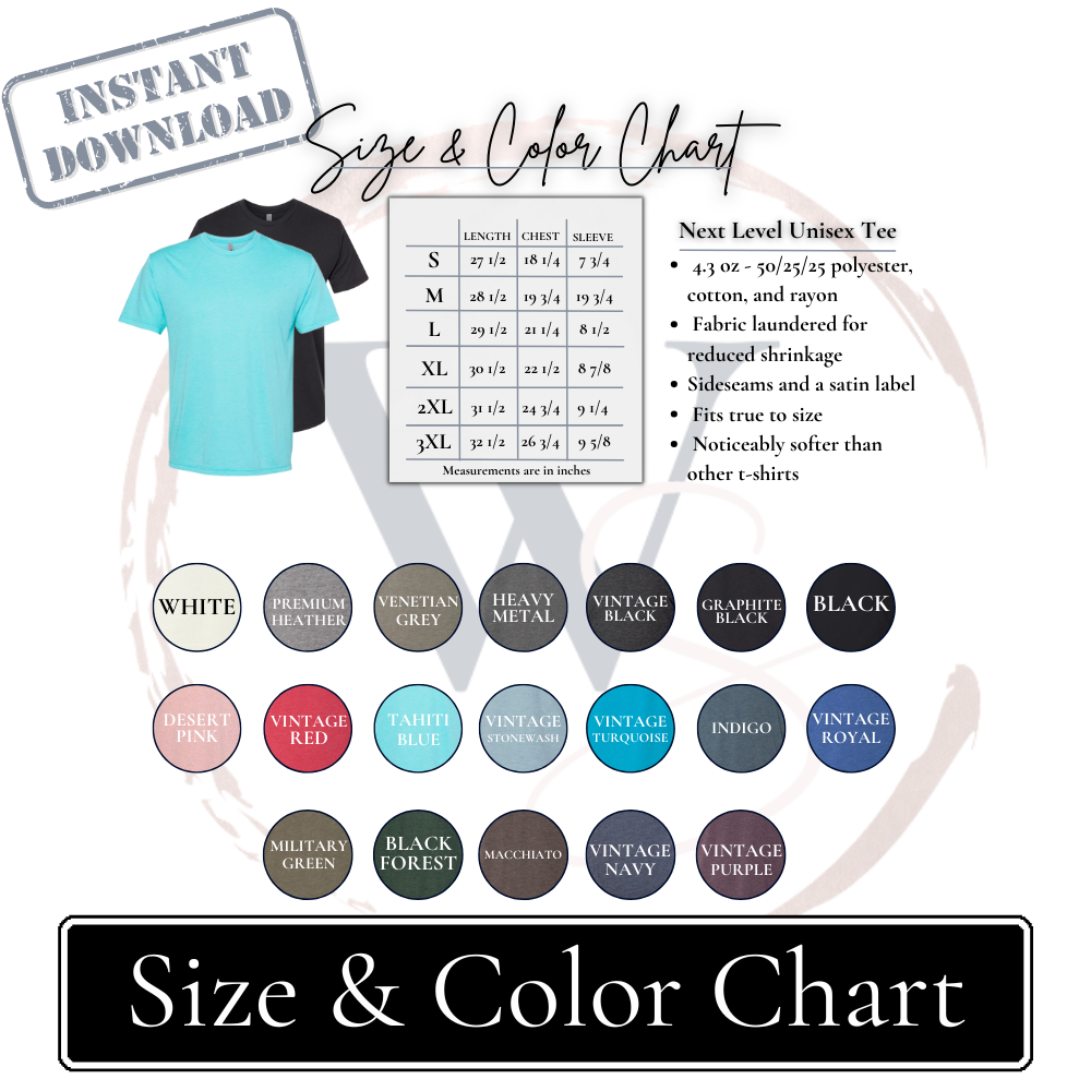 Next Level 6010 Size & Color Chart