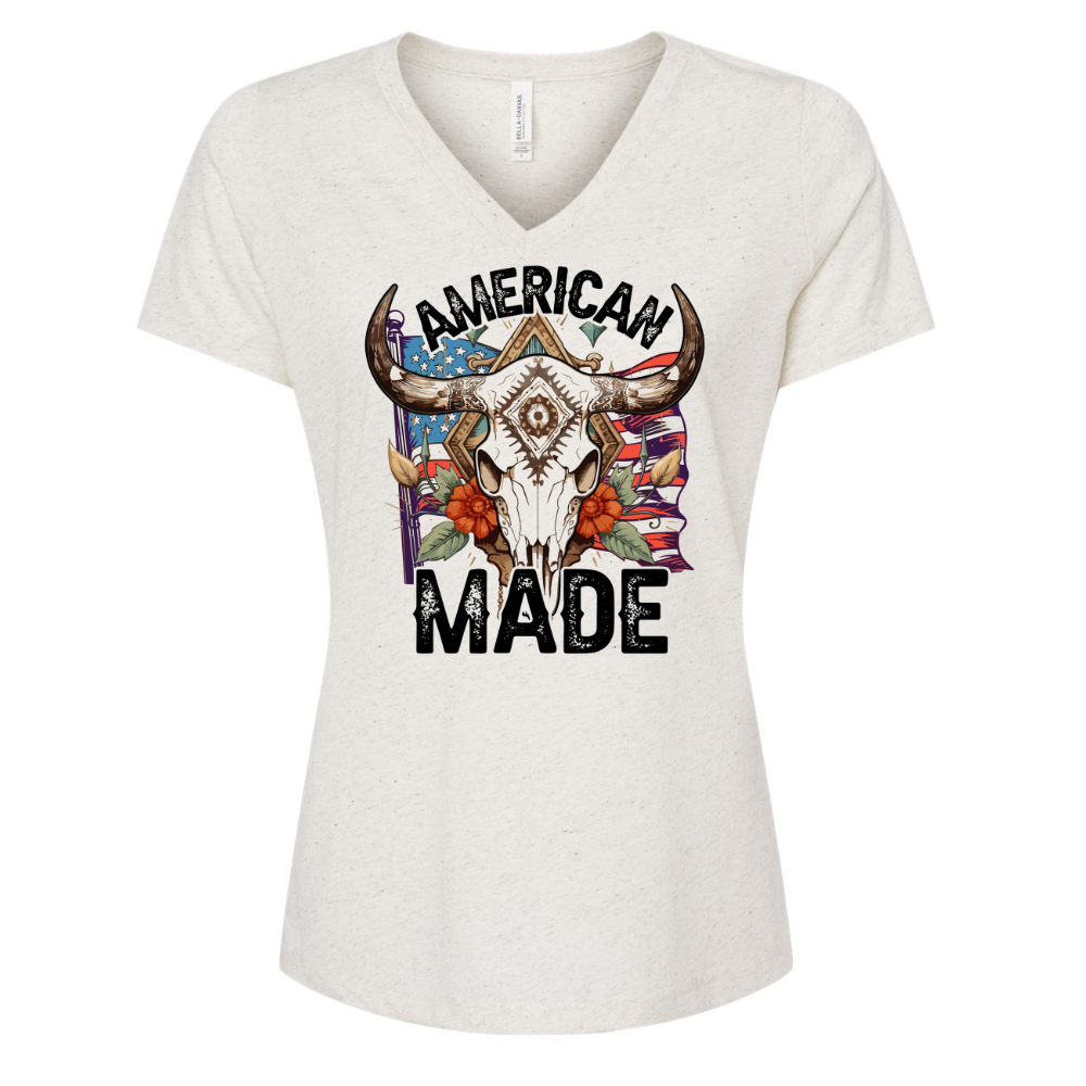 American Made Western Style Tee, Color: Oatmeal Vneck