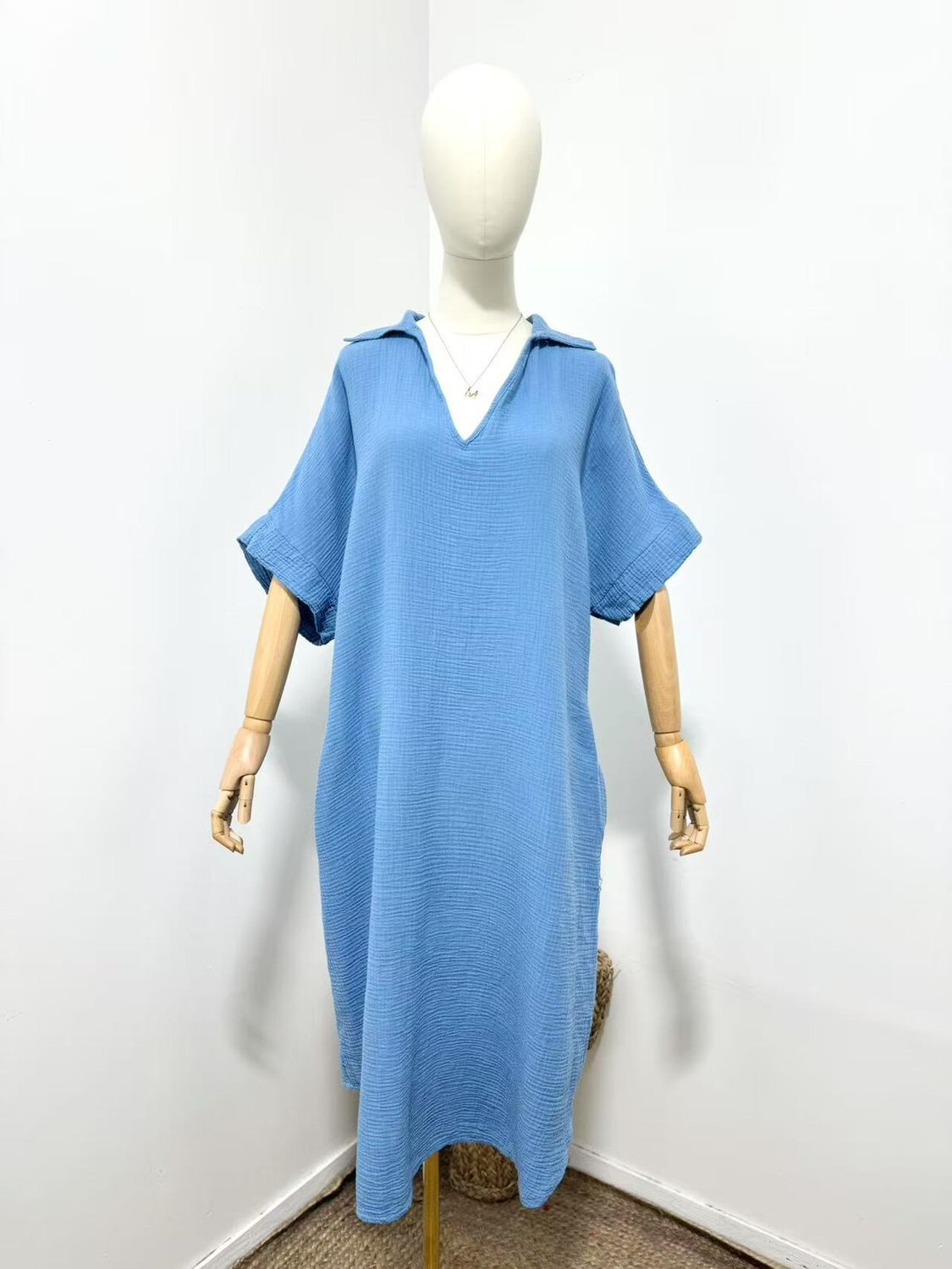 Cotton Dress with Collar, Colour: Blue
