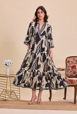 Long Cotton Dress in Black and Sand