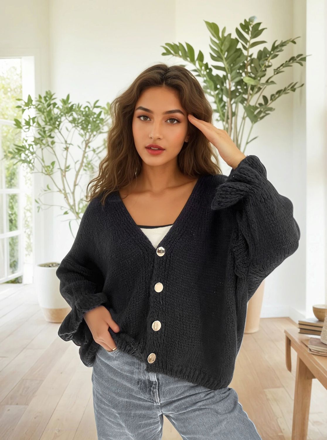 Knit Cardi with Cuff Detail, Colour: Black