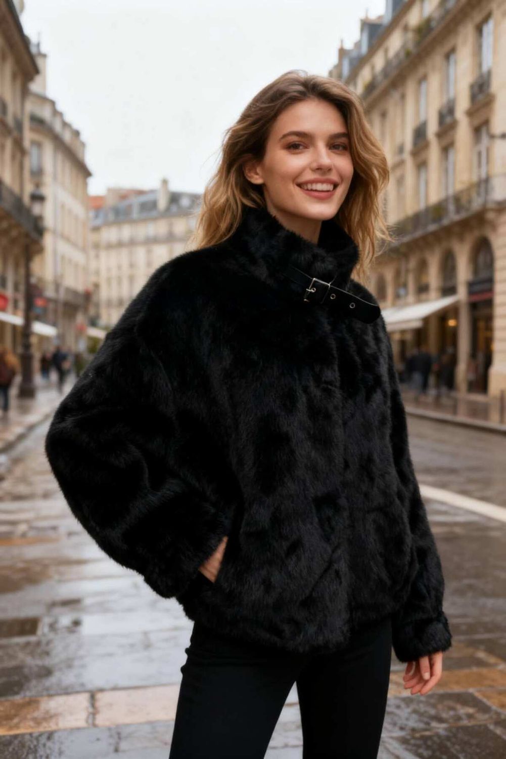 Faux Fur Jacket, size: Black