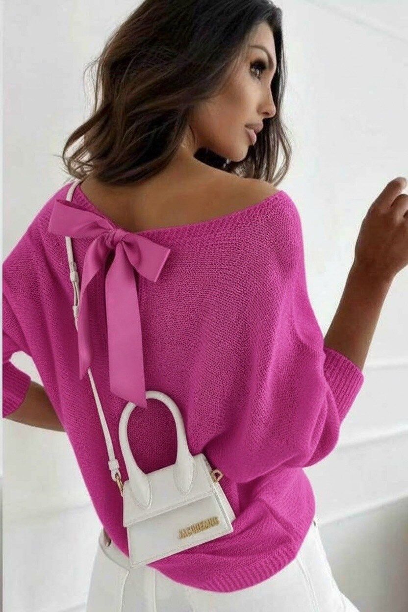 Fine Knit with Bow Detail, size: Fuchsia