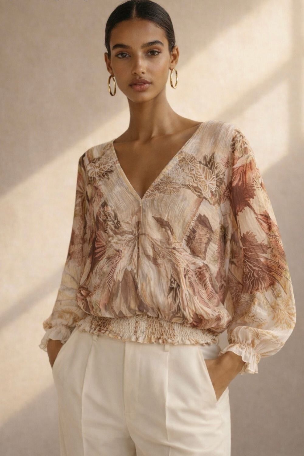 Print Blouse with V Neckline