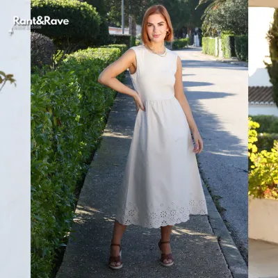Dress with Broderie Anglaise Trim in Stone