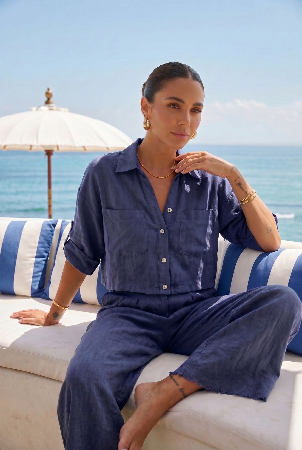 Linen Trousers, Colour: Navy
