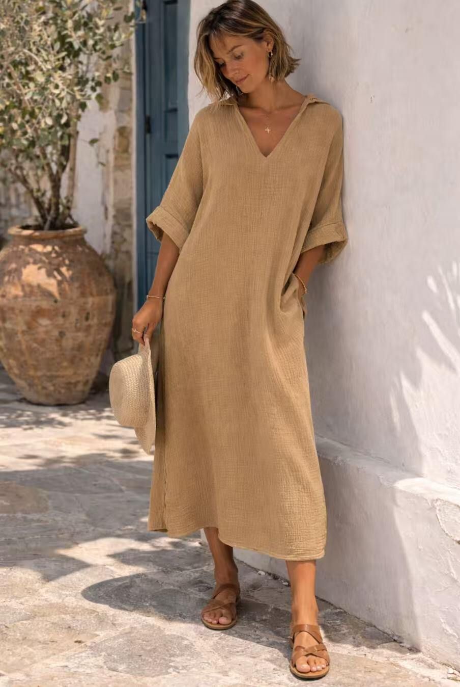 Long Cotton Dress, Colour: Camel