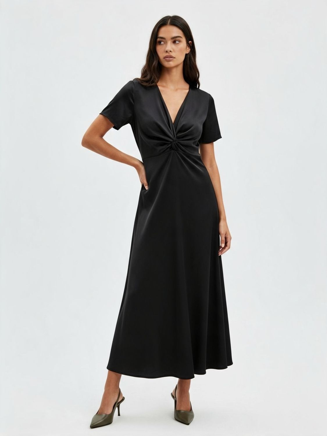 Satin Dress with Short Sleeve, Colour: Black