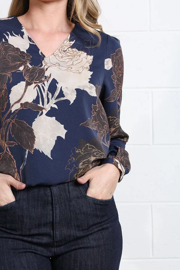 Navy Floral Print Blouse