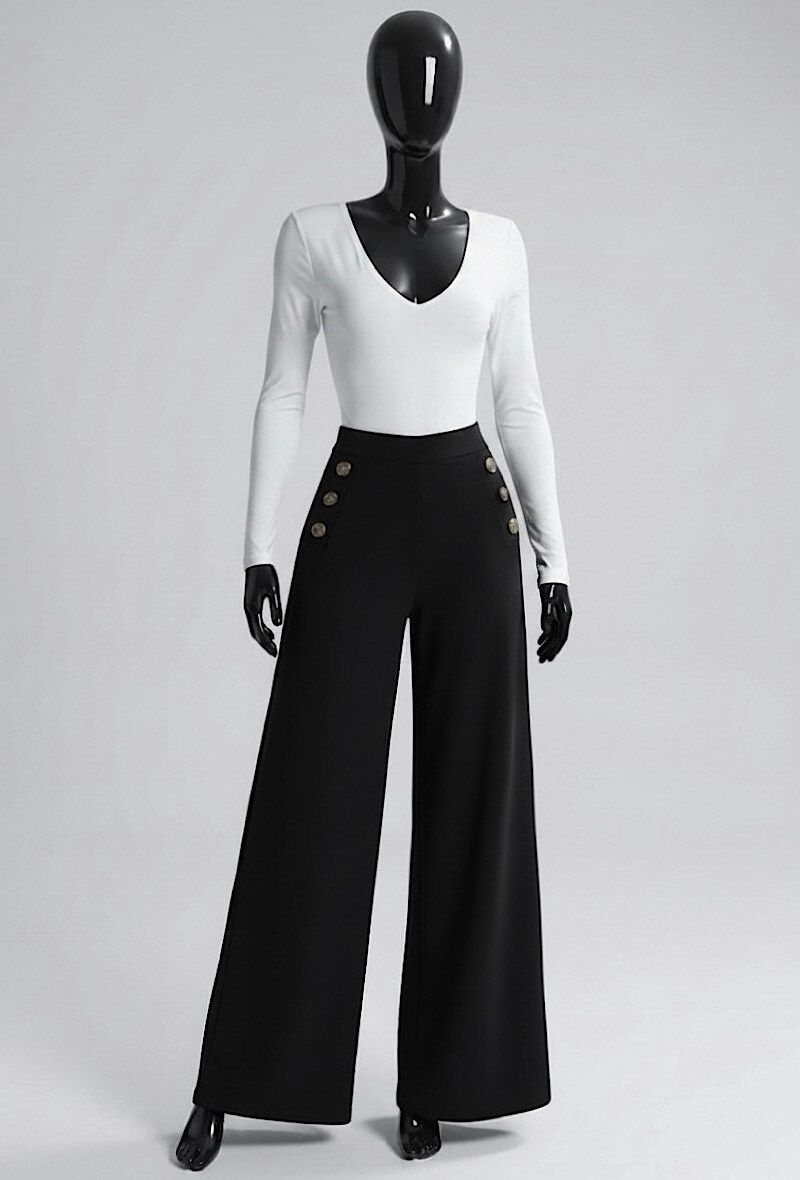 Wide Leg Trousers with Button Detail in Black