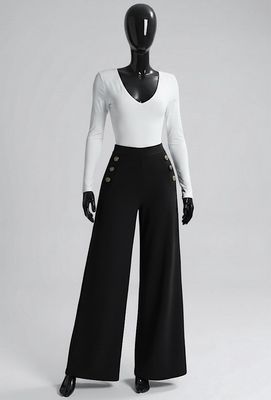 Wide Leg Trousers with Button Detail in Black