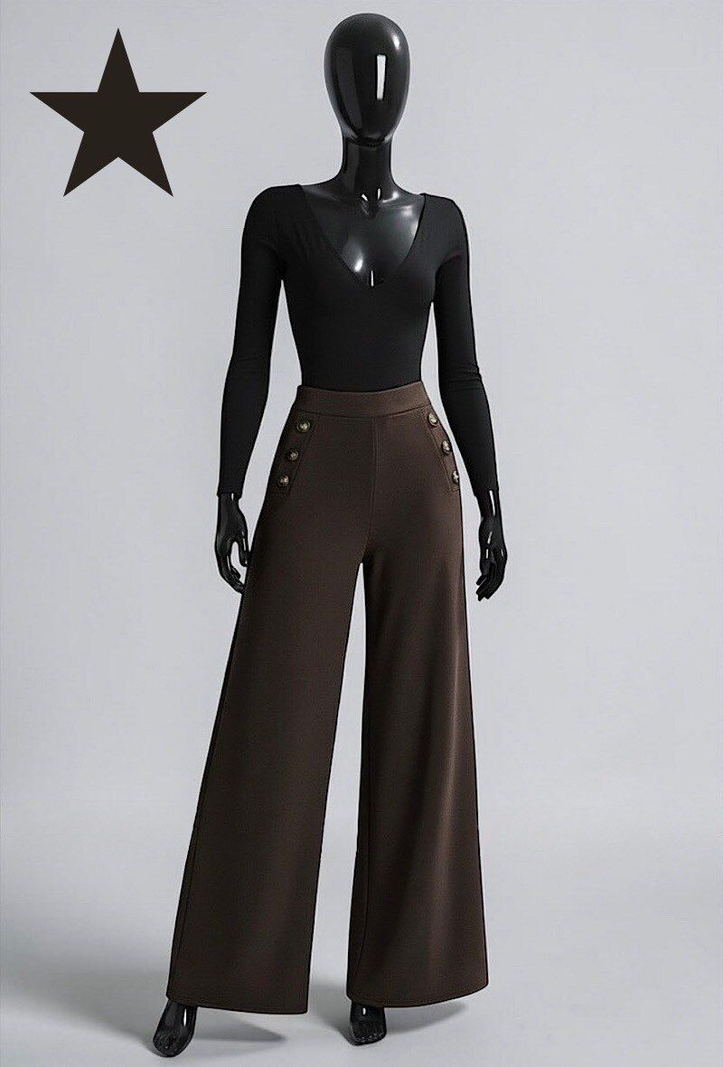 Wide Leg Trousers with Button Detail in Brown
