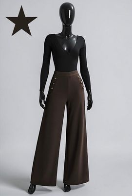 Wide Leg Trousers with Button Detail in Brown
