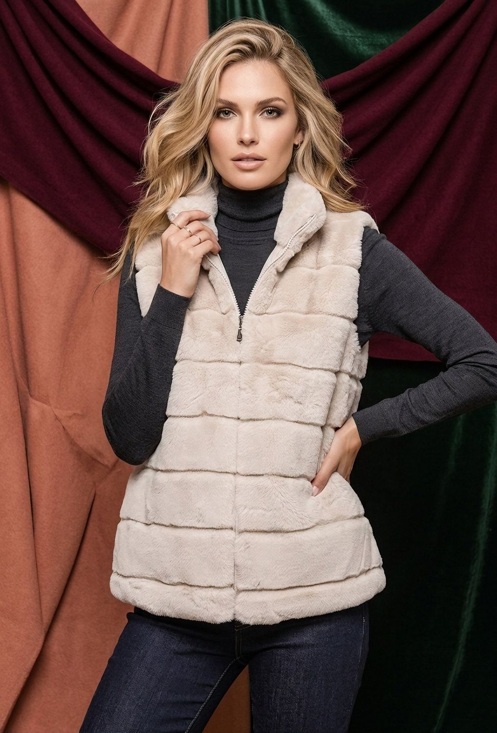 Faux Fur Gilet in Beige