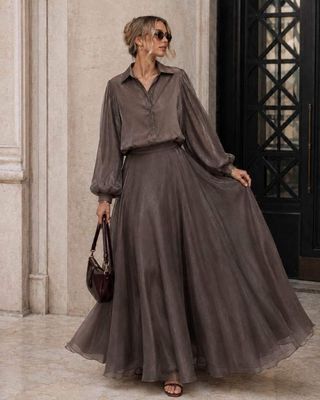 Satin Blouse with Balloon Sleeves