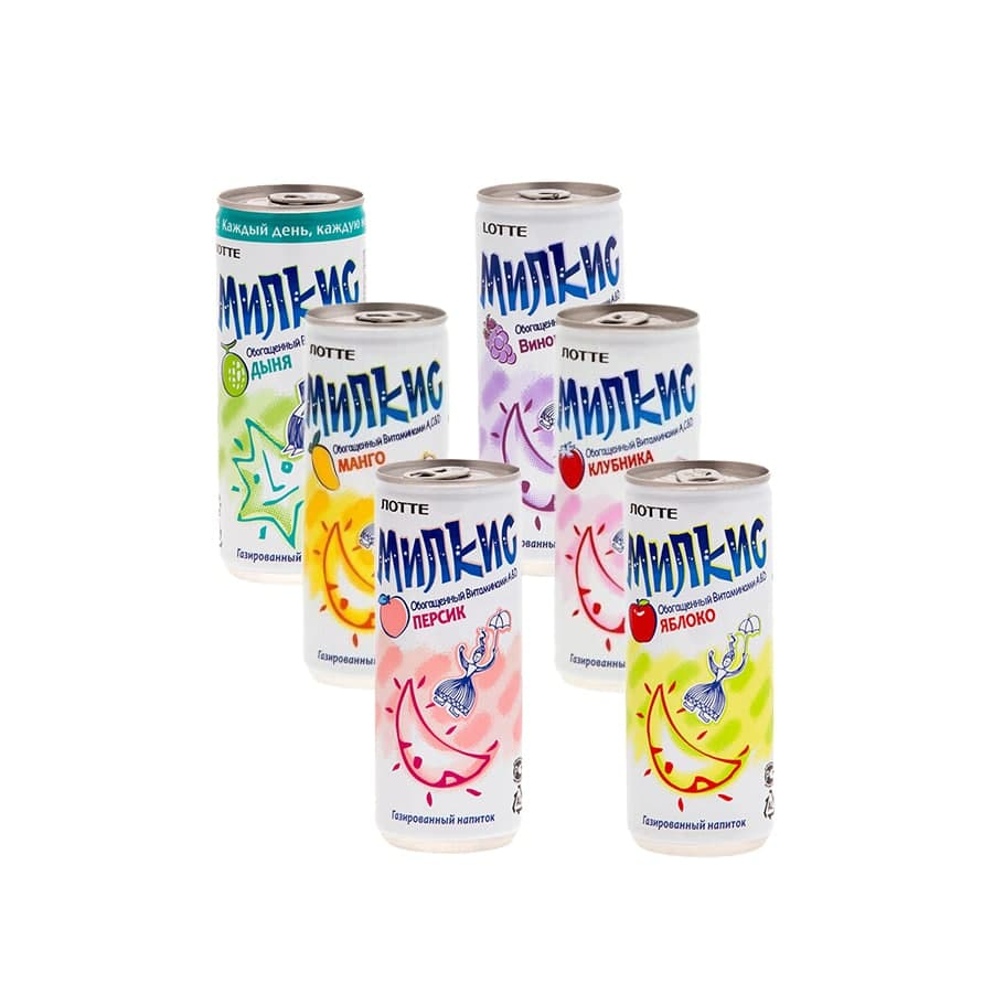 Напиток «Милкис» газированный МИКС (Lotte Milkis), ЖБ, по 30 шт. по 0,25 л