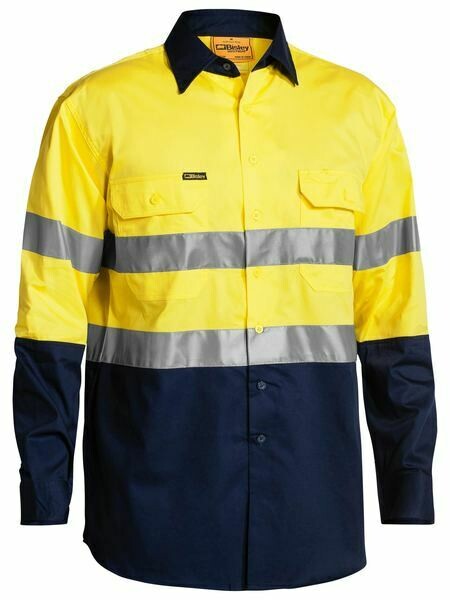 Bisley Hi Vis Long Sleeve Shirt  With Reflective Tape - Lightweight, Colour: Yellow / Navy