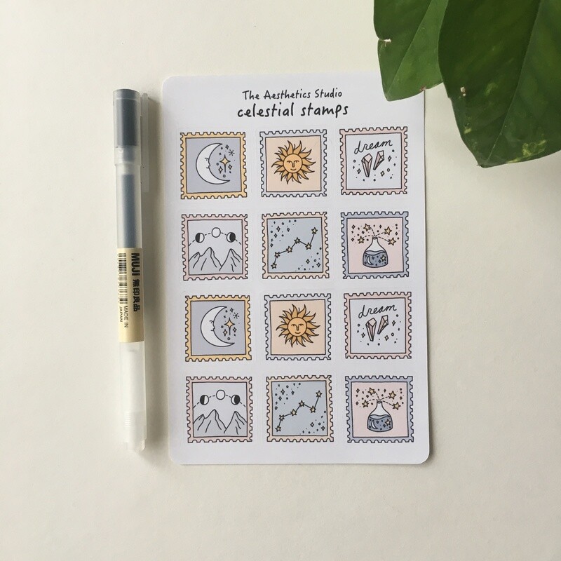 celestial stamps and floral stamps sticker sheet