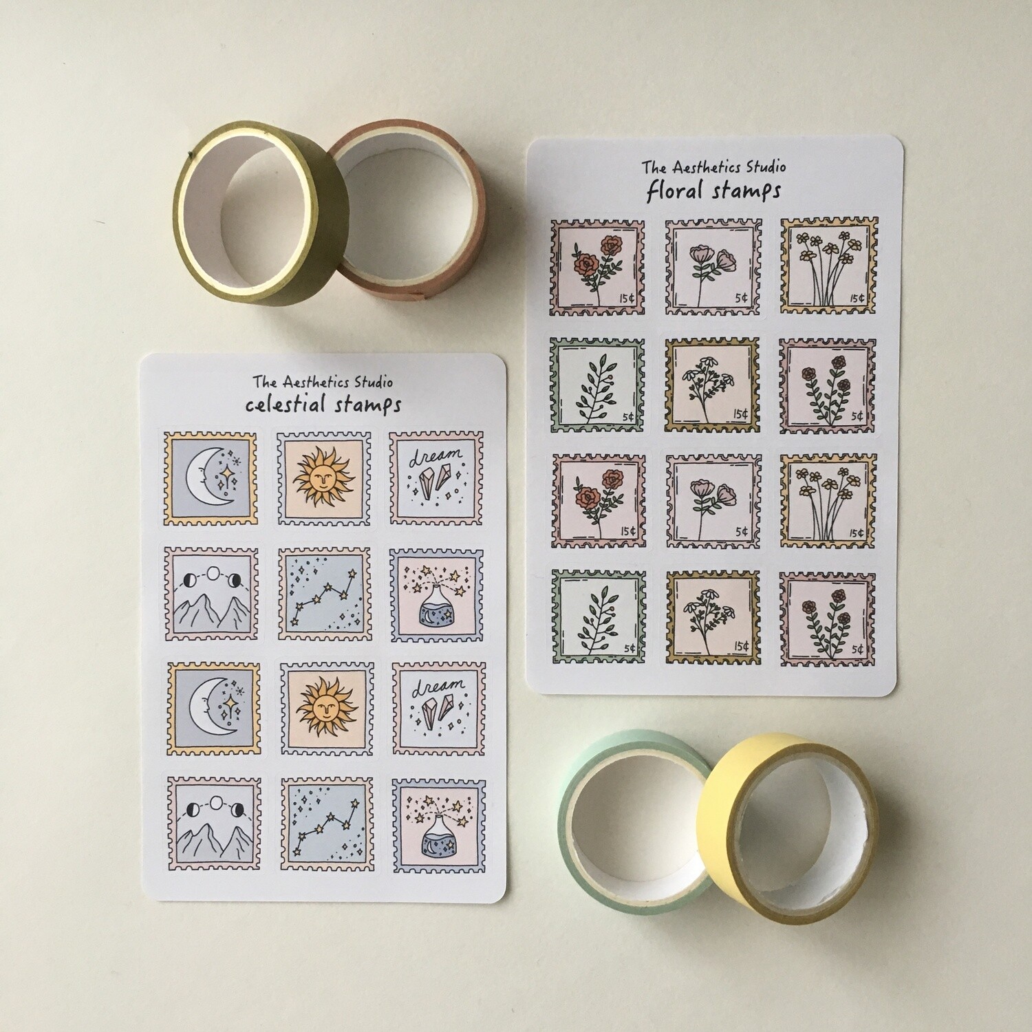 celestial stamps and floral stamps sticker sheet
