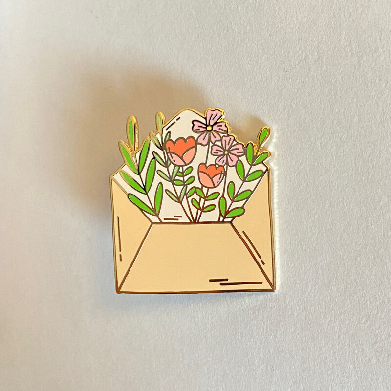 envelope with flowers hard enamel pin