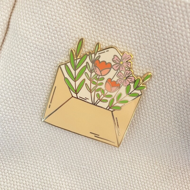 envelope with flowers hard enamel pin