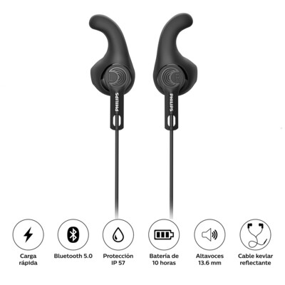 Audifonos Bluetooth Deportivos TAA3206BK con microfono y cable reflectante
