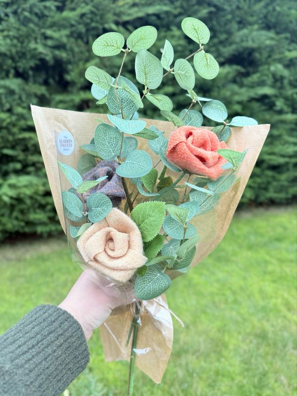 Bunch of 3 Roses (Orange Tones) with One Faux Eucalyptus Sprig