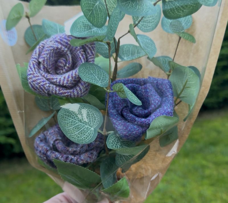 Bunch of 3 Roses (Purple Tones) with One Faux Eucalyptus Sprig