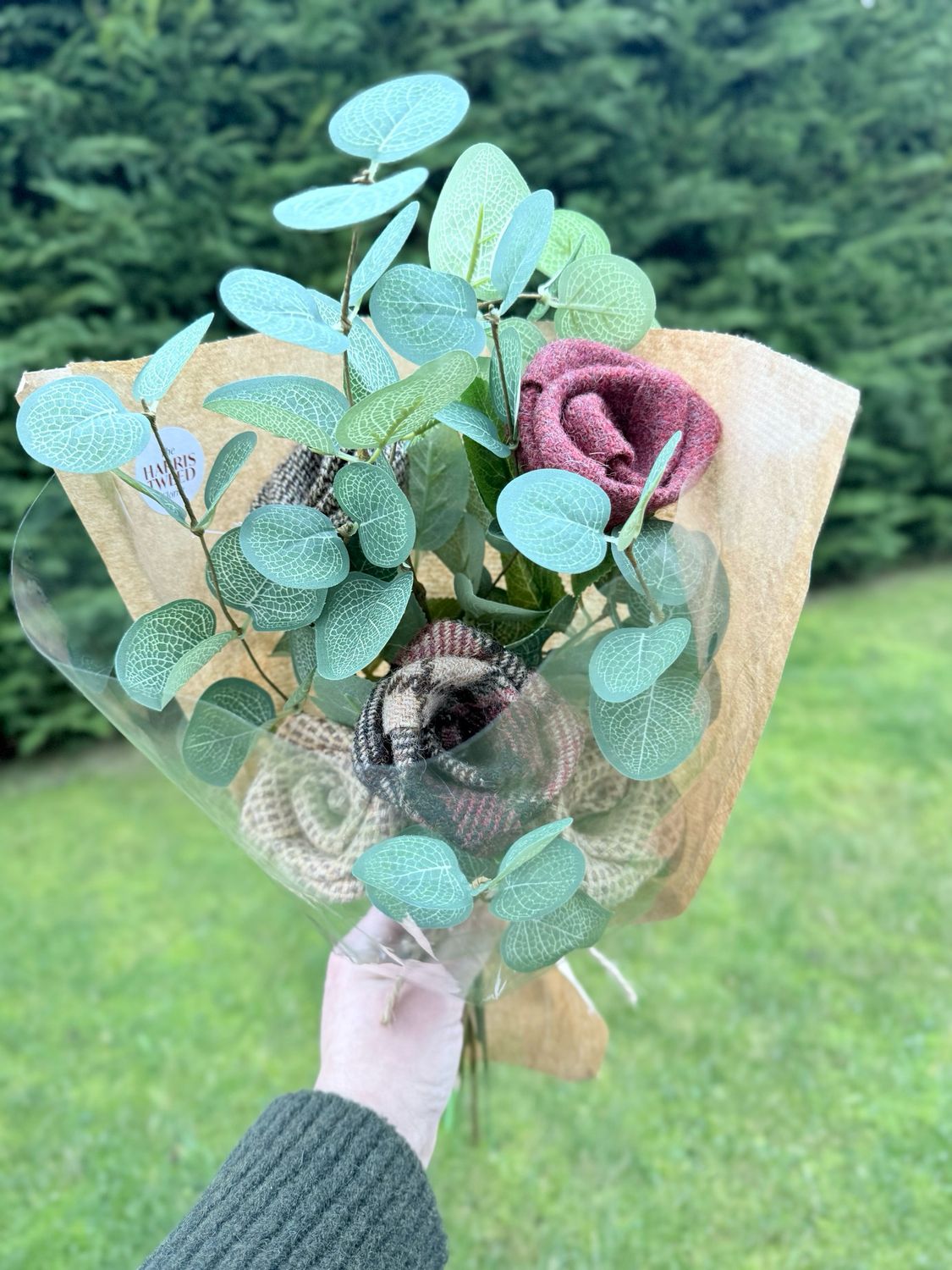 Bunch of 5 Harris Tweed Roses with One Faux Eucalyptus Sprig