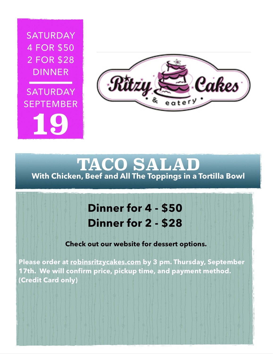 Saturday Dinner - Taco Salad - served with Chicken, Beef, And All The Toppings in a Tortilla Shell Saturday Dinner - Taco Salad - served with Chicken, Beef, And All The Toppings in a Tortilla Shell
