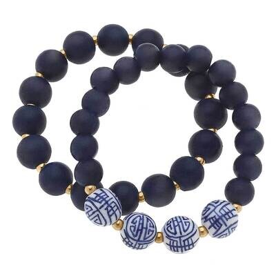 Iris Chinoiserie & Painted Wood Stretch Bracelet Stack in Navy - Set of 2