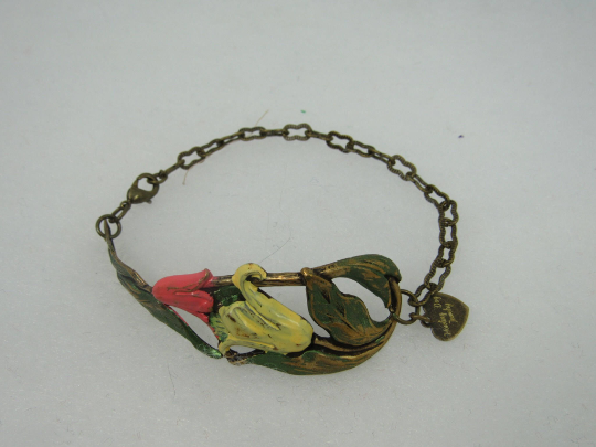Coral and Yellow Tulips. Hand painted. Brass Bracelet