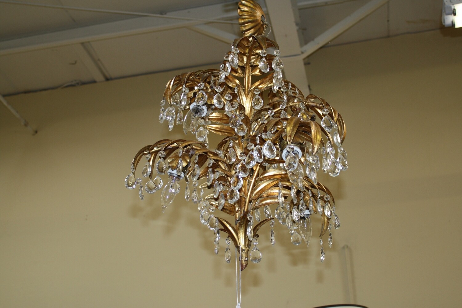 Vintage Gold Leaf Chandelier, Fern Leaves with Crystal Drop