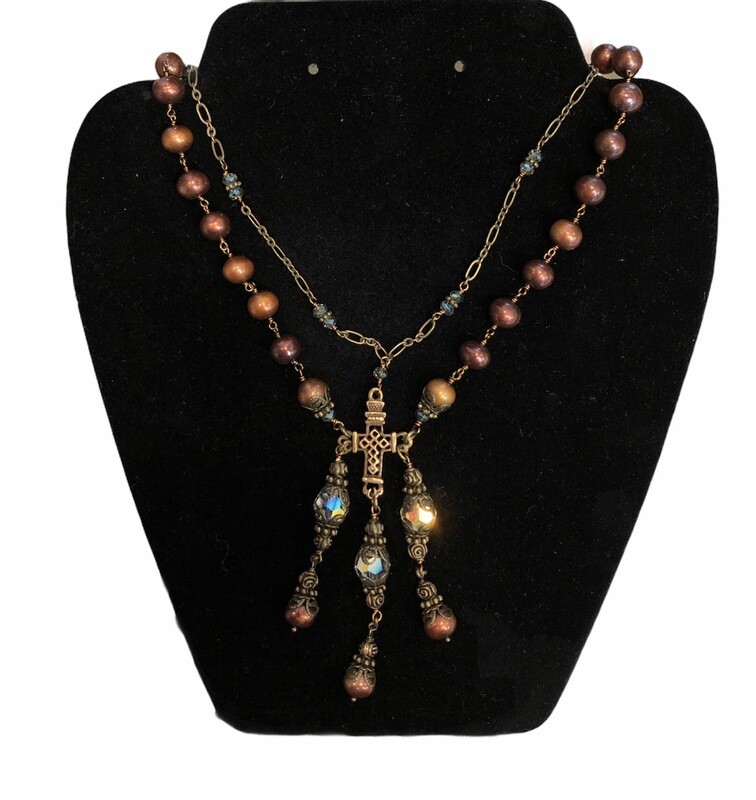 Eggplant Pearl Copper Cross Necklace