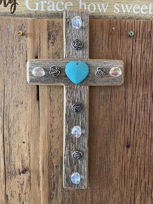 Wood Cross With Turquoise Heart